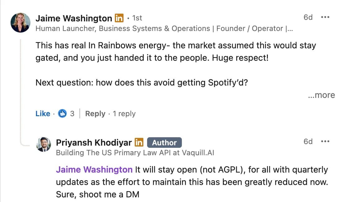 LinkedIn comment from Jaime Washington on the launch post "Today we're releasing every US state's laws"