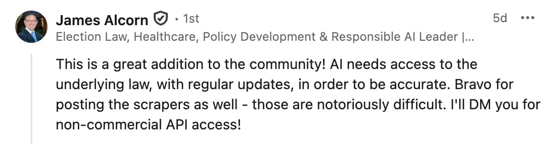 LinkedIn comment from James Alcorn on the launch post "Today we're releasing every US state's laws"