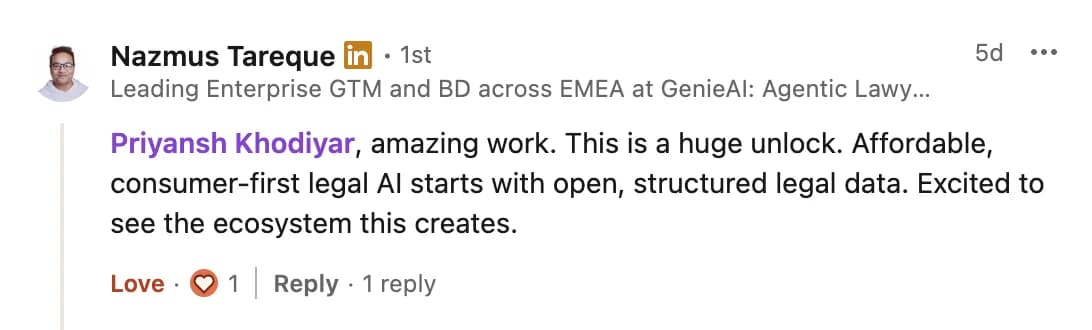 LinkedIn comment from Nazmus Tareque on the launch post "Today we're releasing every US state's laws"