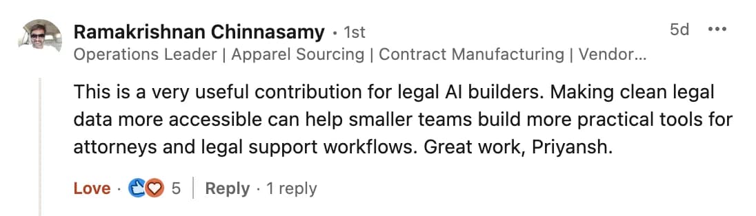 LinkedIn comment from Ramakrishnan Chinnasamy on the launch post "Today we're releasing every US state's laws"