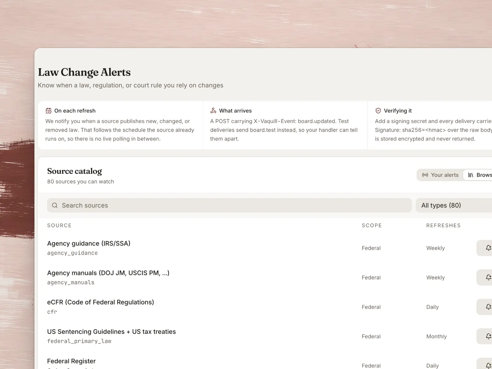 The Law Change Alerts source catalogue with Watch buttons