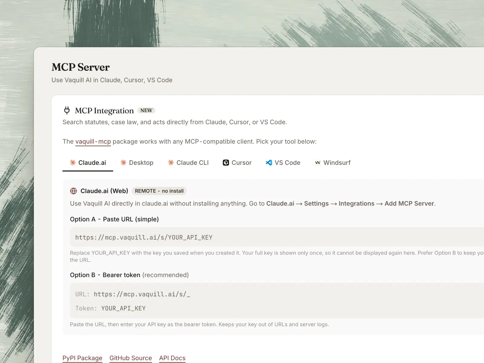 The MCP server setup page with the connection URL for Claude