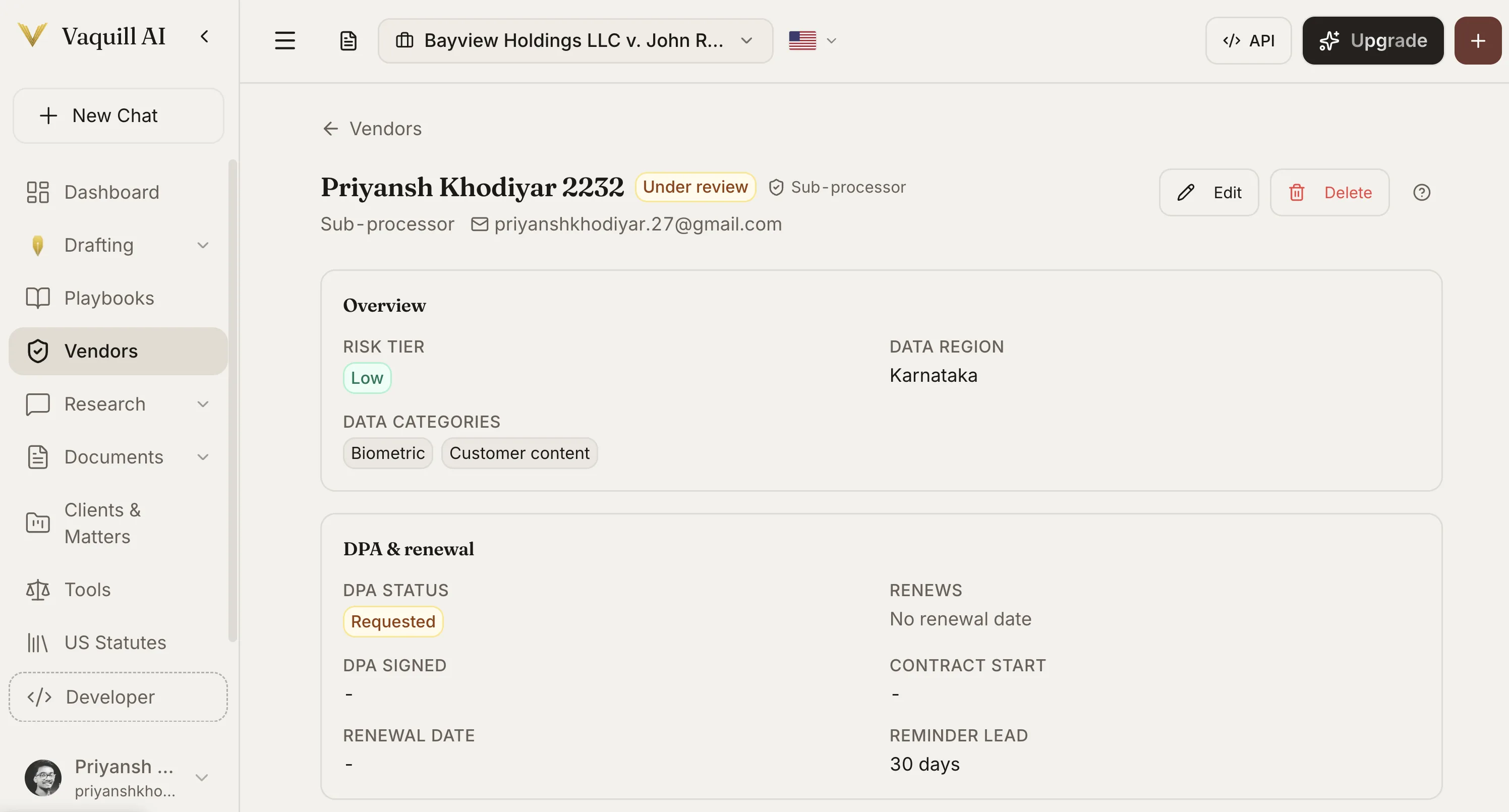 Sub-processor inventory, DPA status, renewal tracking.