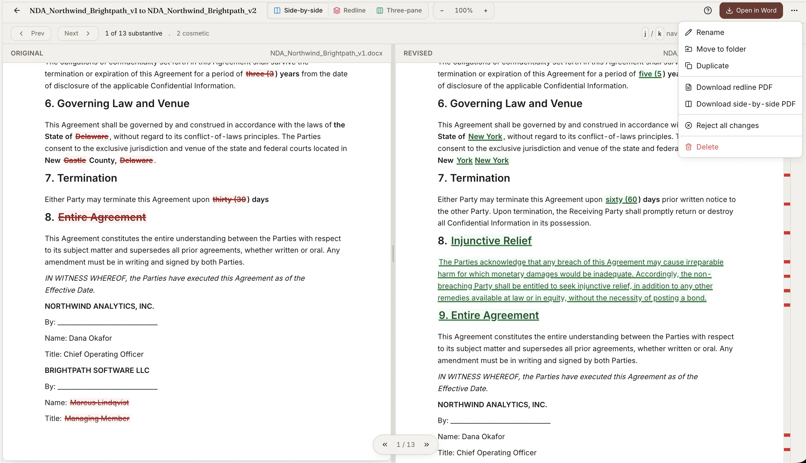 Redline vendor paper. Export real Word Track Changes.