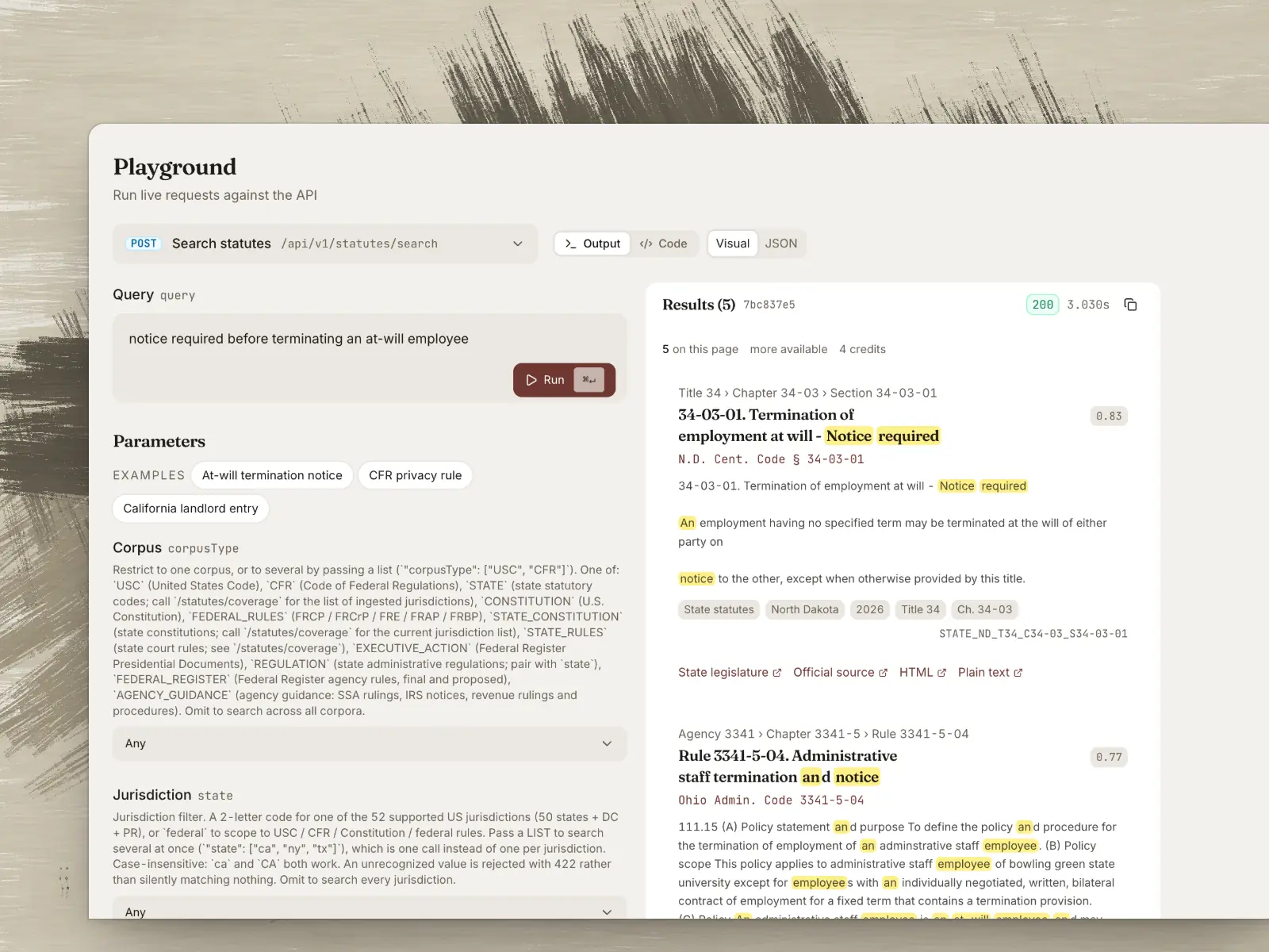 The API Playground showing a statute search and its ranked results