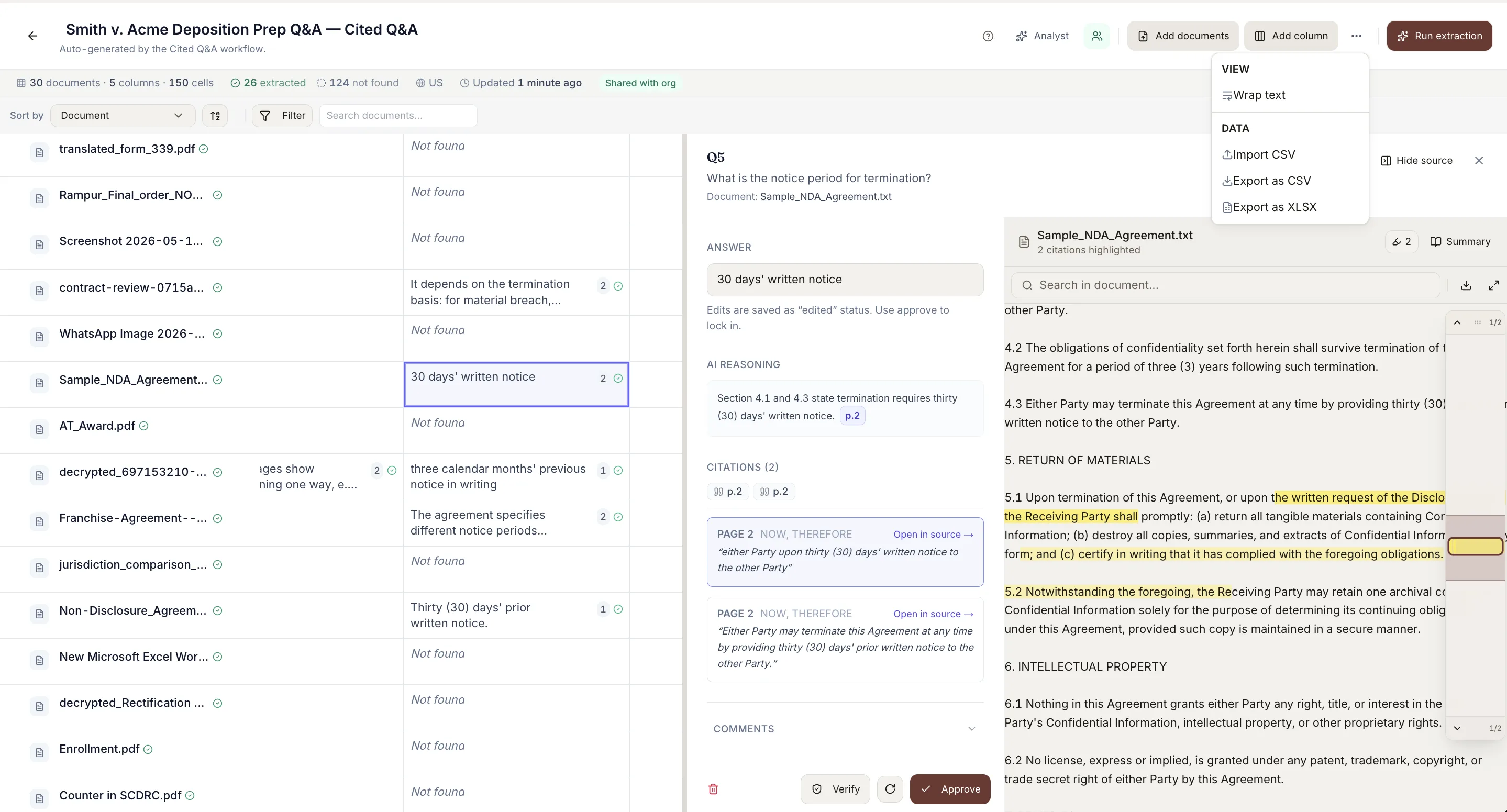 Vaquill AI matter workbench with document-matrix extraction